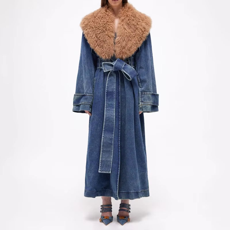  Detachable Fur Collar Denim Trench Coat 