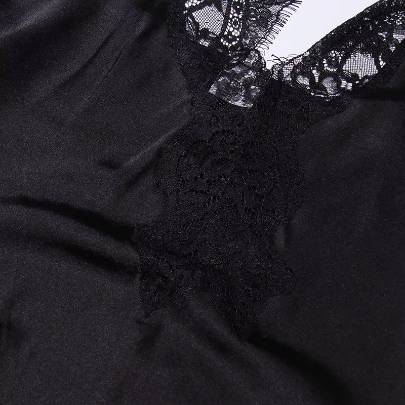 OUDINA New Casual Vacation V Neck Suspender Stitching Slit Dresses Women Lady Elegant Prom Lace Dress