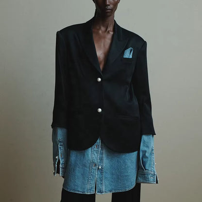 Contrast Color Blazers Jacket Casual Denim Splice Blazer Solid Women Blazer