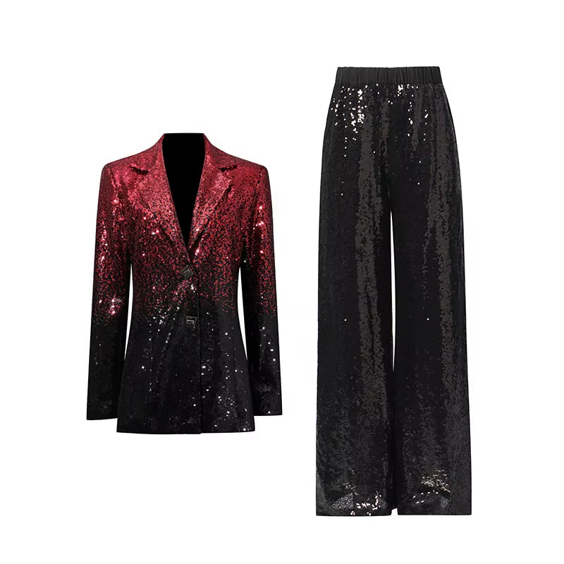 OUDINA Hot Selling Elegant Loose Gradient Black White Sequined Straight Pants Business Blazers Two Piece Women'S Wuits