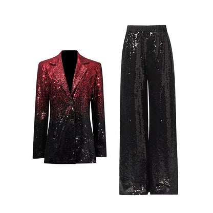 OUDINA Hot Selling Elegant Loose Gradient Black White Sequined Straight Pants Business Blazers Two Piece Women'S Wuits