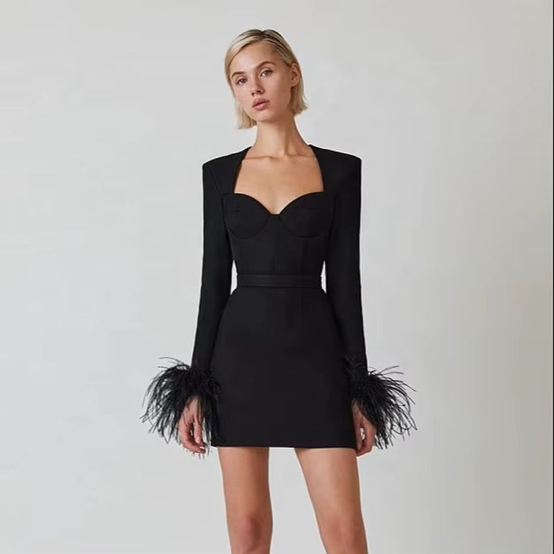 OUDINA New Fashion Long Sleeve Ostrich Feather Evening Party Wear Dresses Women Bandage Dress