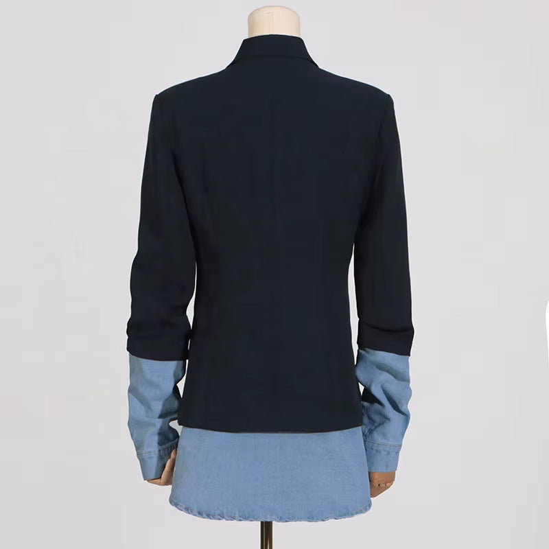Contrast Color Blazers Jacket Casual Denim Splice Blazer Solid Women Blazer