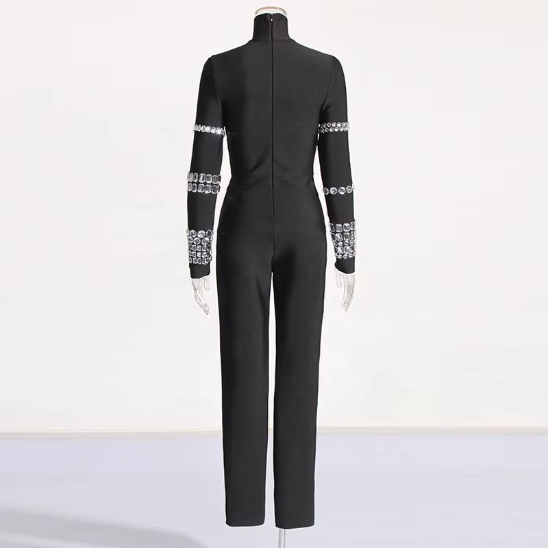 OUDINA 2024 New Trendy Tight Jumpsuit Heavy Industry Design Handmade Diamond Slim Fit Sexy Jumpsuits for Women