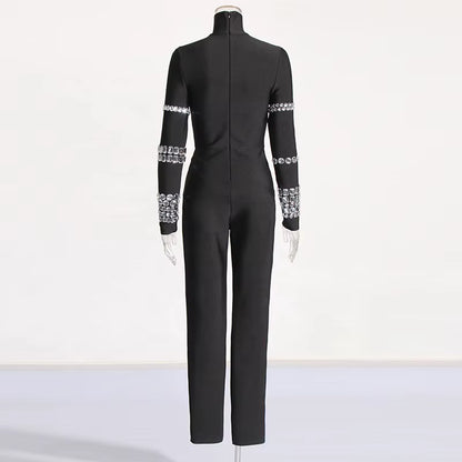 OUDINA 2024 New Trendy Tight Jumpsuit Heavy Industry Design Handmade Diamond Slim Fit Sexy Jumpsuits for Women