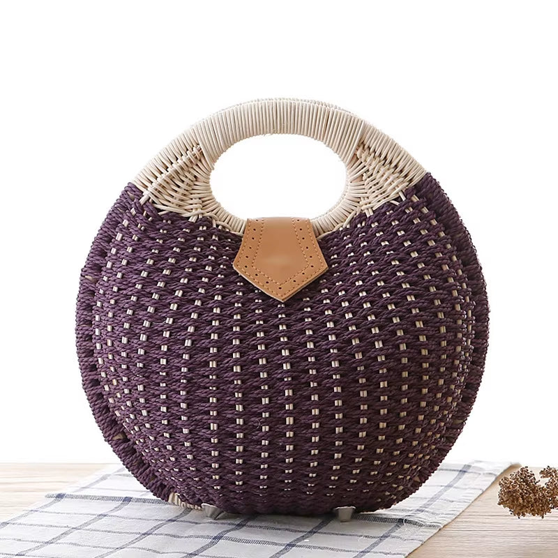 Factory Supplier New Style Beach Straw Crossbody Basket Bag Bohemian round Knitting Straw Rattan Tote Bag