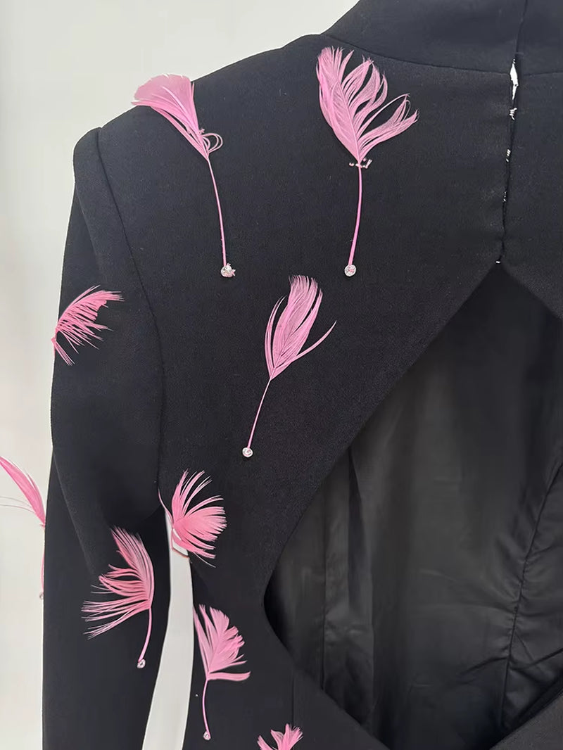 OUDINA New Trendy Luxury Feather Decoration Backless Long Evening Dress Lady Elegant Party Elegant Dresses for Women