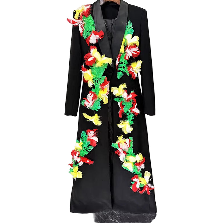 OUDINA Fast Shipping Factory Winter Elegant Feather One Button Maxi Long Blazer Jacket Windbreaker Coat Women'S Trench Coats