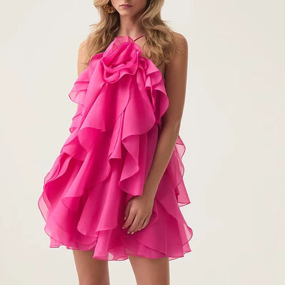 OUDINA New Women Clothing Halter Neck Three-Dimensional Flower Sleeveless Dresses Summer Dress for Women