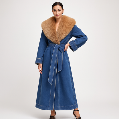 Denim Luxe Longline Coat with Faux Fur Collar
