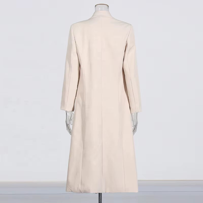 OUDINA Fashion Temperament Asymmetric One-Button Solid Splicing Elegant Ladies Coat Casual Trench Coat Simple Women Long Coat