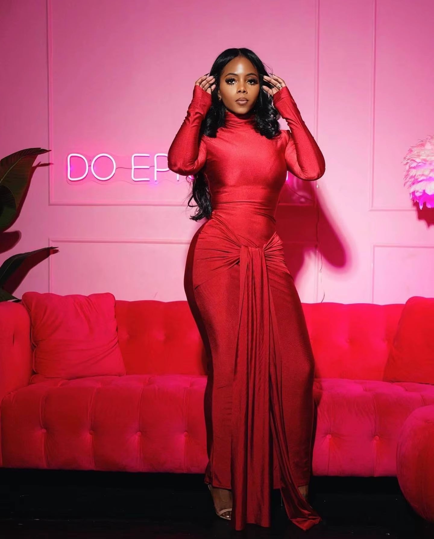 OUDINA Popular Fashion Style Casual Pleated Tight Solid Color Tight Bodycon Long Dresses Dress for Women