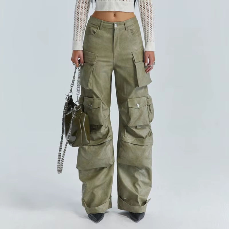 OUDINA Stylish Street Customize PU Trousers High Waist Baggy Mujer 6 Pocket Cargo Pant Wide Leg Women Leather Pants