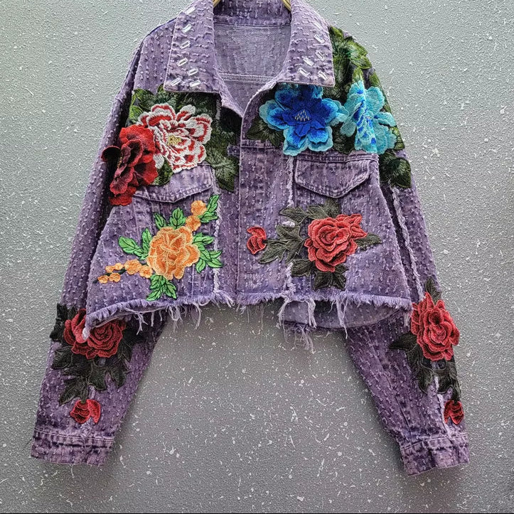 OUDINA New Arrivals Elegant Purple Three-Dimensional Flower Edge Short Casual Jean Cropped Jackets Denim Jacket for Women