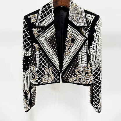 OUDINA New Fashion Vintage Embroidery Beading Diamond Women'S Suit Jackets Autumn Casual Ladies Blazer