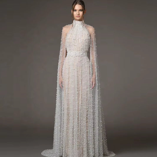 OUDINA Fast Shipping Fashion See through Beaded Hollow Mesh Long Dress Gown Elegant Luxury Evening Dresses
