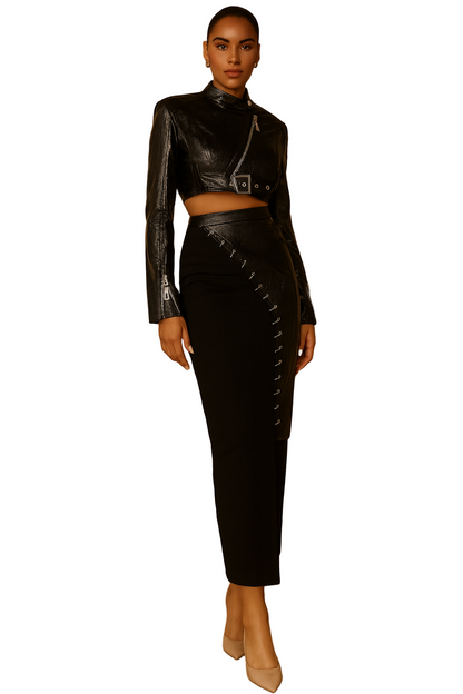 Chic Vintage Cropped Motorcycle Jacket and Skirt Set