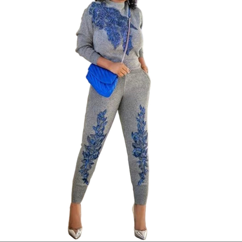 OUDINA New Winter Letter Jacquard Sweater Straight Pants Women Striped Knitted Suit Slim 2 Piece Set for Ladies