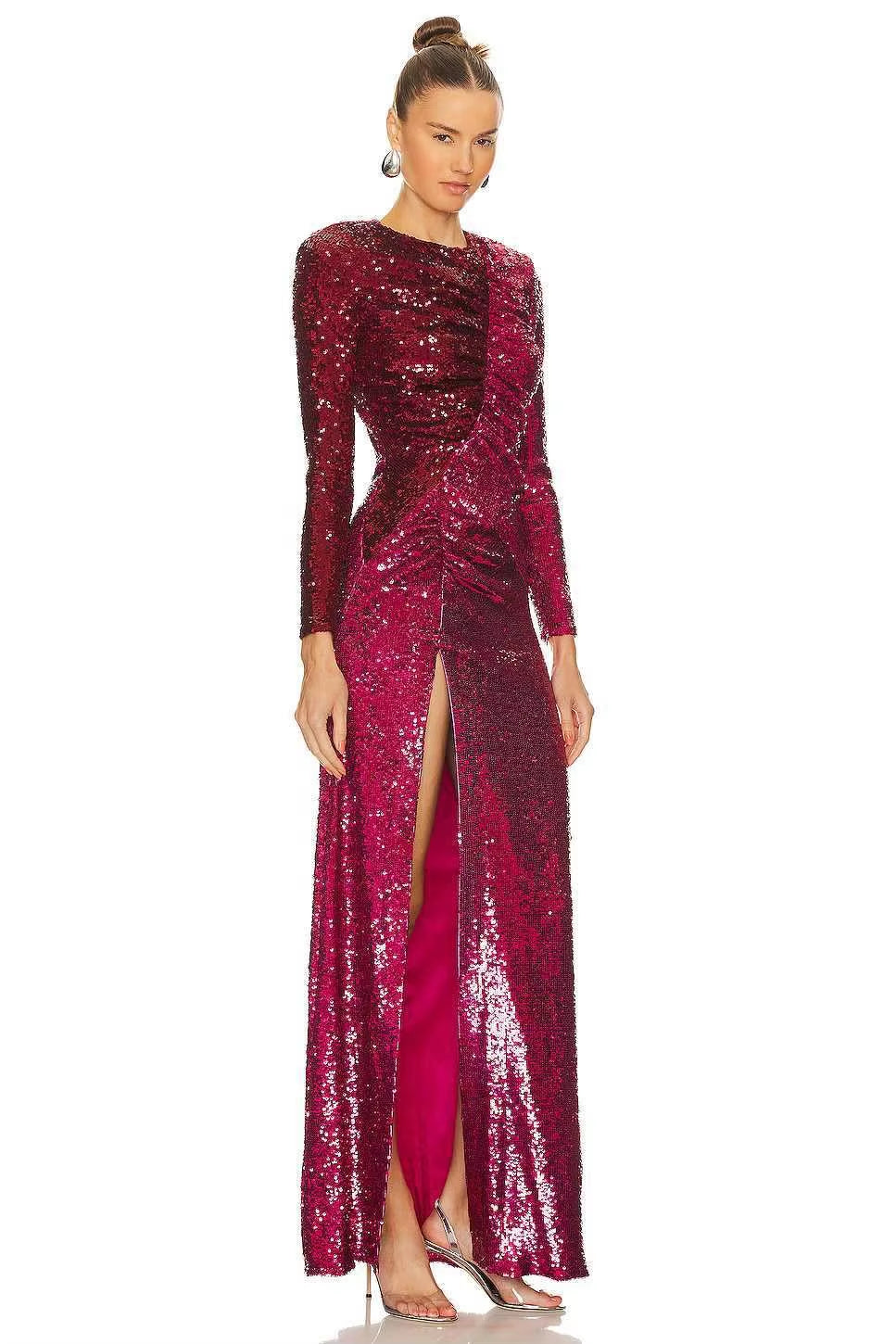 OUDINA Wholesale Contrasting Colors Block round Neck Sequined Shiny Long Sleeve Dresses Chic Women Elegant Evening Dress