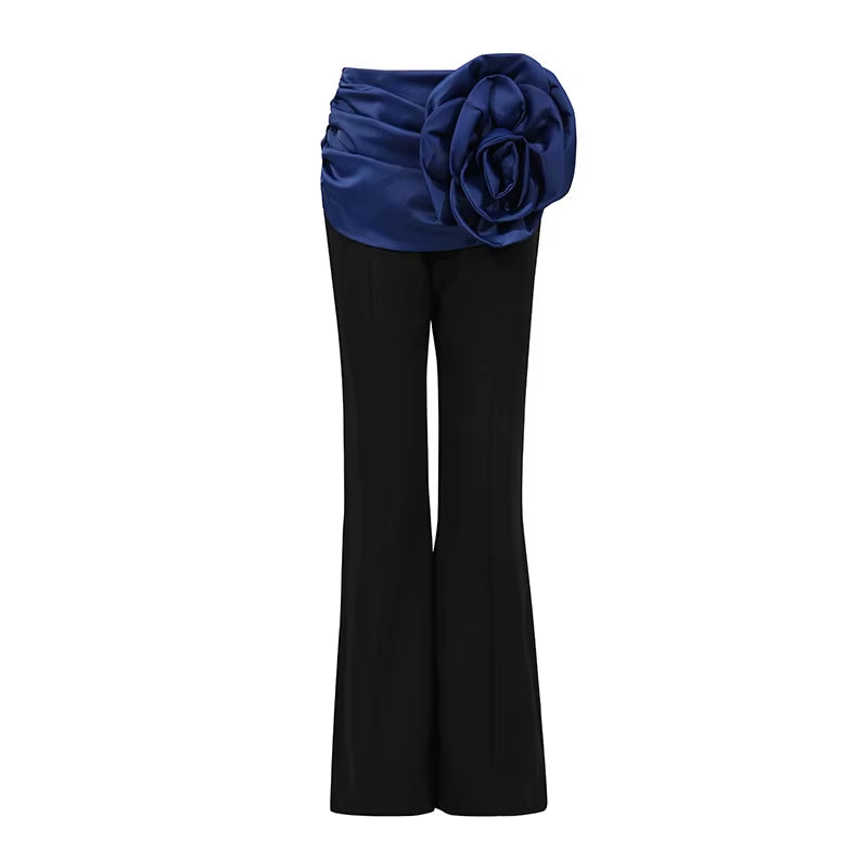 OUDINA Fashionable Three-Dimensional Flower Contrasting Color Elegant High Waist Trousers Casual Pants for Women