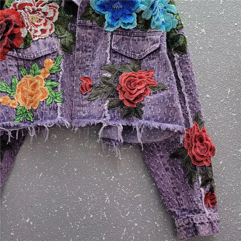 OUDINA New Arrivals Elegant Purple Three-Dimensional Flower Edge Short Casual Jean Cropped Jackets Denim Jacket for Women