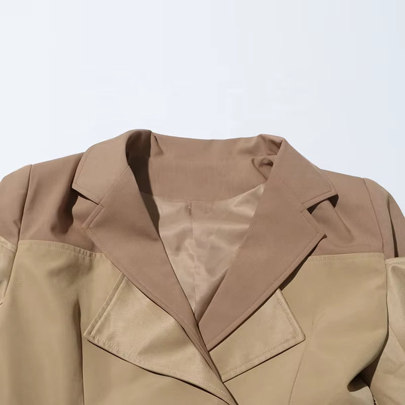 OUDINA Fashion Splice Contrast Color Long Double-Breasted Sashes Elegant Coat Casual Trench Coat Simple Women'S Coats