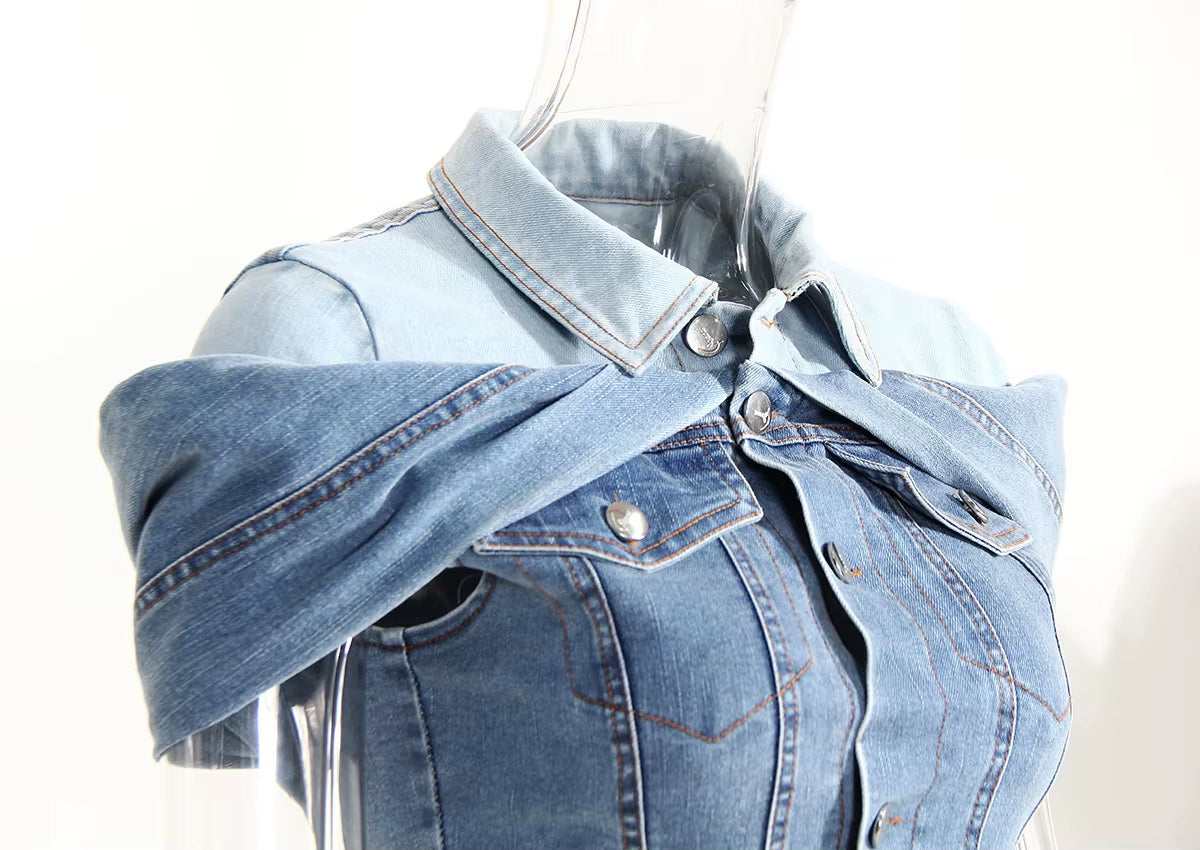 OUDINA Fashionable Unique Style Layered One Shoulder Irregular Blouses and Top Denim Tops Shirts for Women