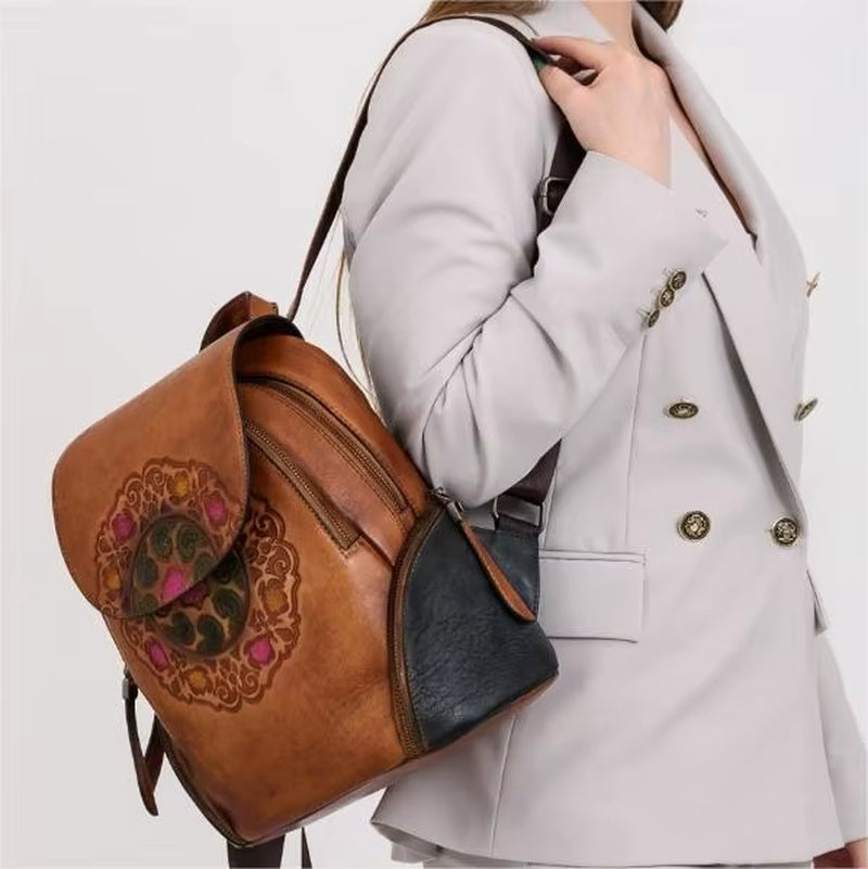 Westal Handmade Chinese Style Cowhide Leather Bag Backpack Genuine Leather Womans Backpack Leather Backpack for Woman