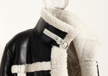 OUDINA Winter Vintage Thickened Fur Coat over Knee Lamb Wool Loose Cotton Leather Trench Jacket Long Woolen Coats for Women