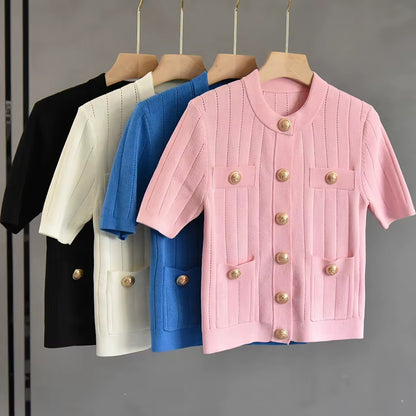 OUDINA Summer French Casual Elegant Button Short Sleeve Cardigan Top Women'S Knitted Sweater