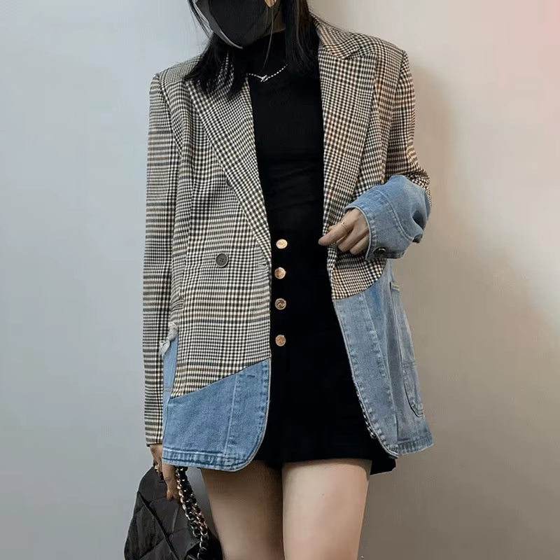OUDINA Wholesale Suit Collar Elegant Casual Denim Patchwork Plaid Woman Blazer