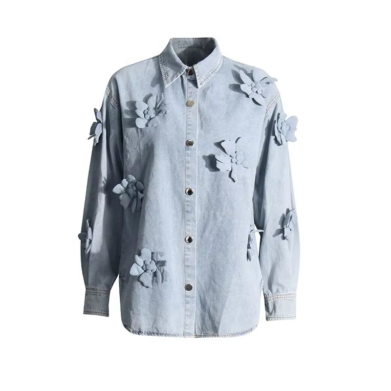 OUDINA Fashion Solid Washed Faded Splice Embroidered Jackets Flower Decoration Women Denim Jackets Casual Women'S Jackets