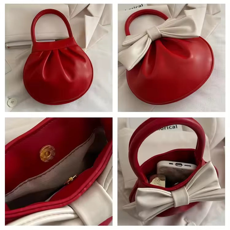 Ladies' Fashionable Mini Handbag with Butterfly Knot Solid Color Simple Casual Style Sweet Women'S Bag