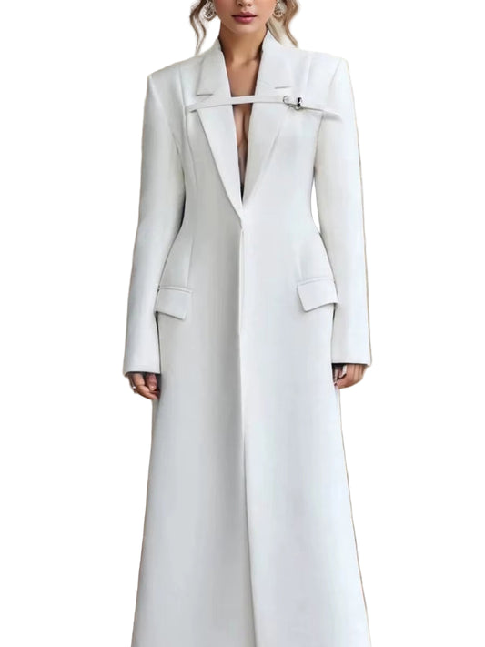 OUDINA New Style Slimming Long Suit for Women Windbreaker Temperament Buttoned Design Women'S Suits & Blazers