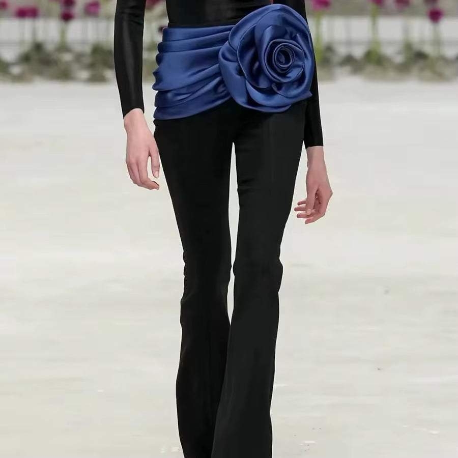 OUDINA Fashionable Three-Dimensional Flower Contrasting Color Elegant High Waist Trousers Casual Pants for Women