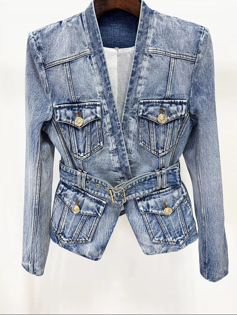 OUDINA Wholesale Ready Stock V Neck Belt Metal Buttons Washed Jean Jacket plus Size XXXL Women'S Jackets