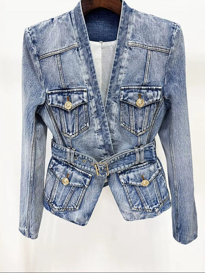OUDINA Wholesale Ready Stock V Neck Belt Metal Buttons Washed Jean Jacket plus Size XXXL Women'S Jackets