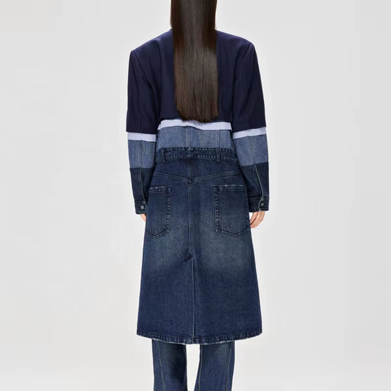 OUDINA Custom Niche Wool Patchwork Denim Windbreaker Jacket New Design Contrasting Color Winter Coat