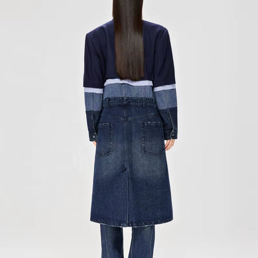 OUDINA Custom Niche Wool Patchwork Denim Windbreaker Jacket New Design Contrasting Color Winter Coat