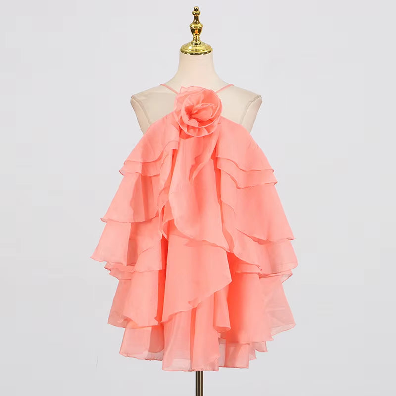 OUDINA New Women Clothing Halter Neck Three-Dimensional Flower Sleeveless Dresses Summer Dress for Women