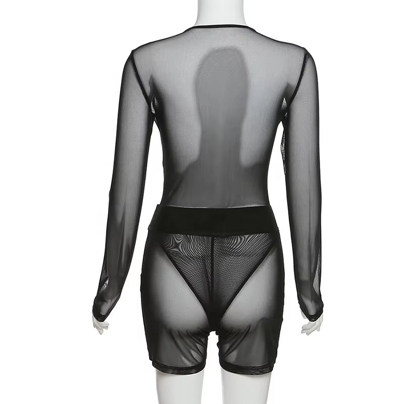 OUDINA Spring New Mesh Tight Bodysuit Top See through Shorts 2 Piece Women Clothing Two Piece See through Set