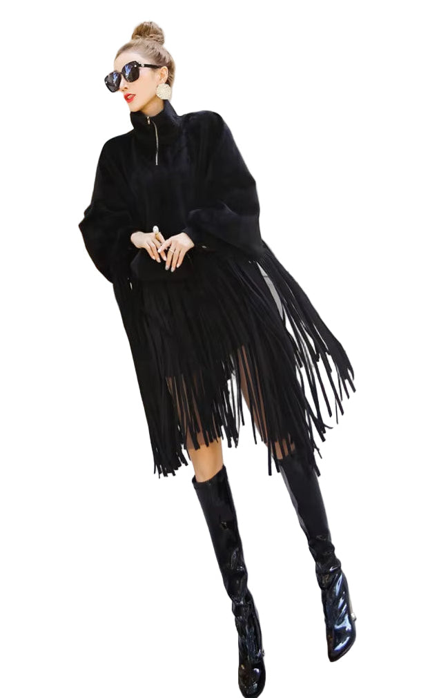 OUDINA Fashion Street Casual Bat Sleeve Cashmere Turtleneck Fringed Winter Cape Women Coat