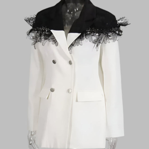 OUDINA Temperament Splice Translucent Mesh Lace Ladies Jackets Fashion Contrast Color Blazers Elegant Women'S Suits Blazers