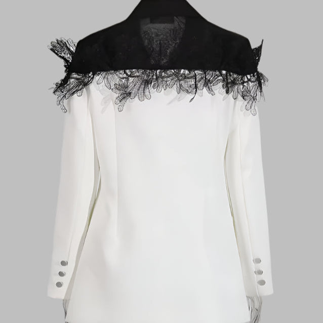 OUDINA Temperament Splice Translucent Mesh Lace Ladies Jackets Fashion Contrast Color Blazers Elegant Women'S Suits Blazers