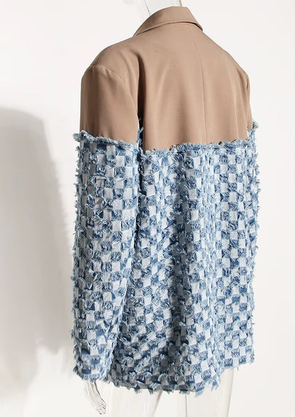 OUDINA New Selling Unique Contrast Color Patchwork Plaid Wash Blazer Denim Jacket Women'S Jackets