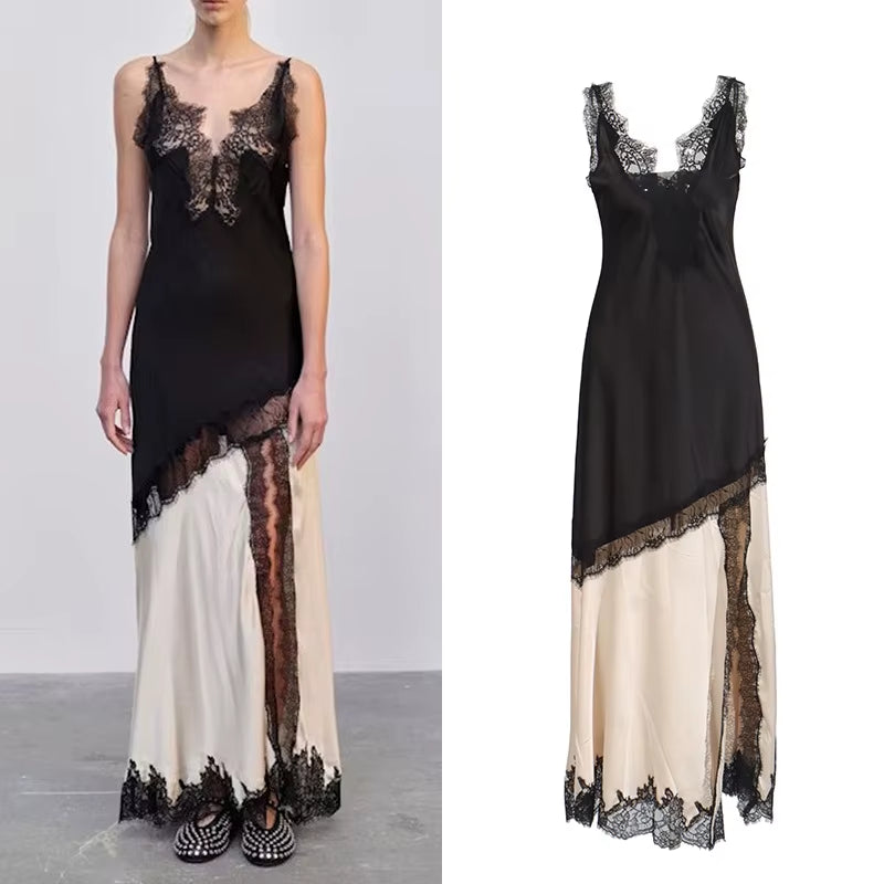 OUDINA New Casual Vacation V Neck Suspender Stitching Slit Dresses Women Lady Elegant Prom Lace Dress