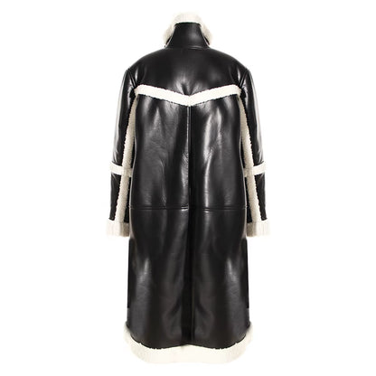 OUDINA Winter Vintage Thickened Fur Coat over Knee Lamb Wool Loose Cotton Leather Trench Jacket Long Woolen Coats for Women