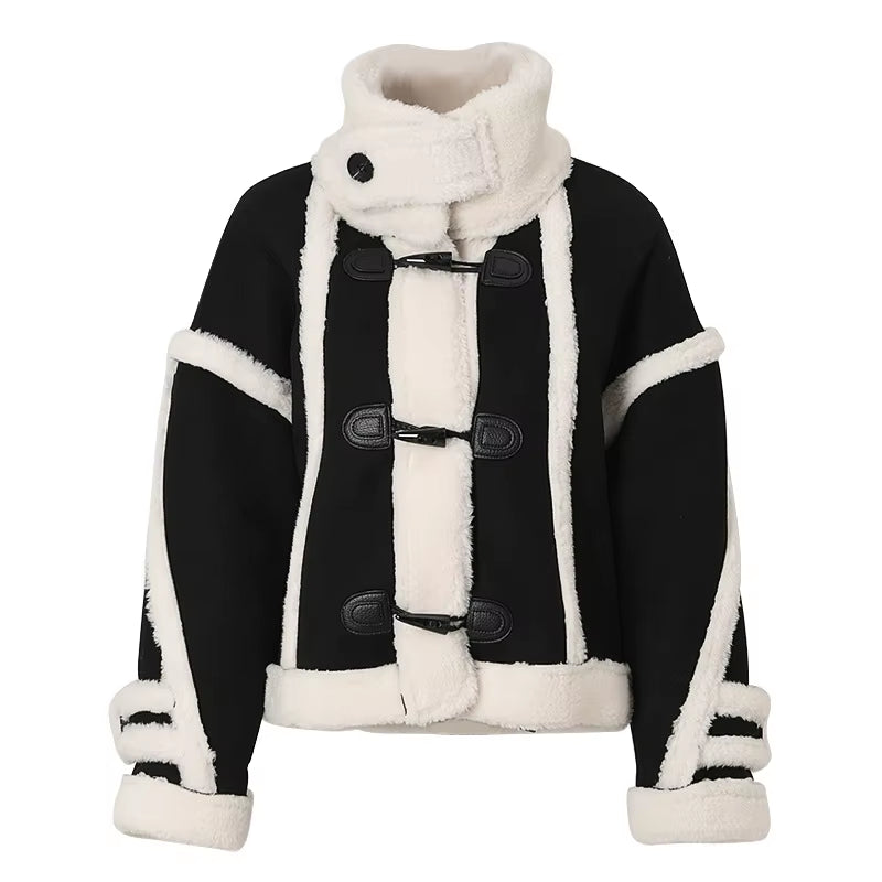 OUDINA Fashion Loose Lamb Plush Horn Buckle Thick Winter Coats Ladies Women Fur Coats
