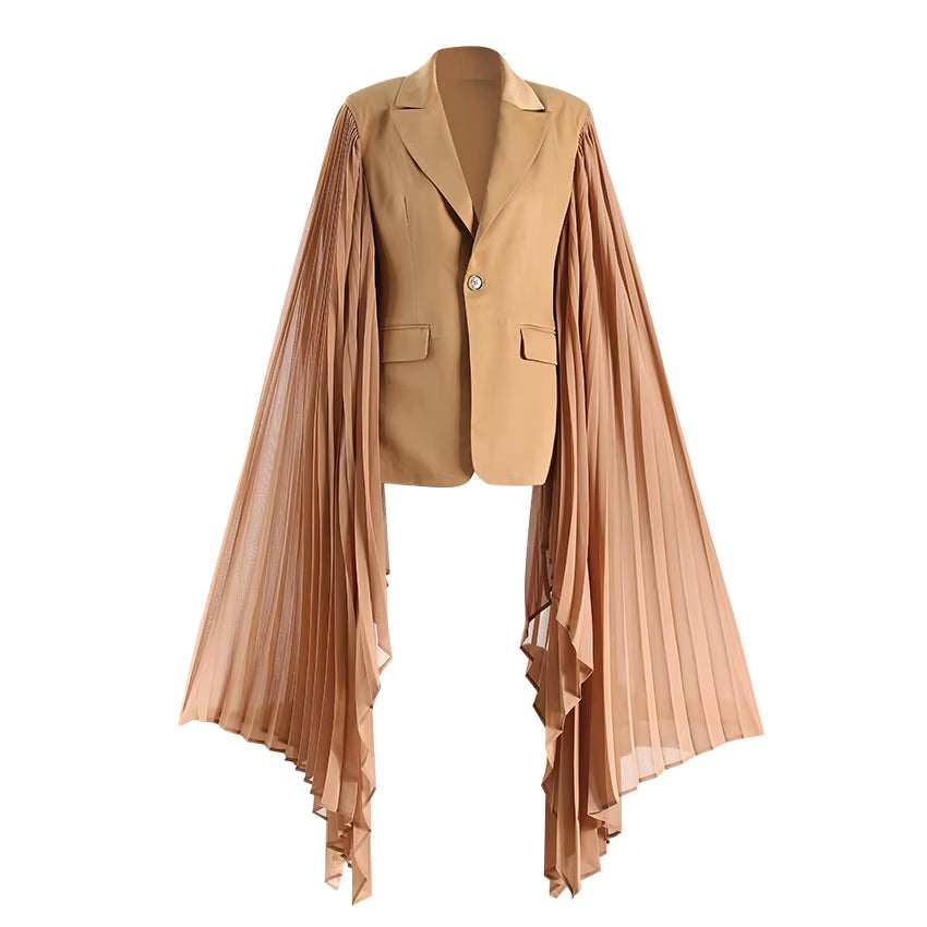 OUDINA Fashion Pleated Long Sleeve Ladies Blazer Simple Elegant Lotus Leaf Sleeve Women'S Suits Blazers