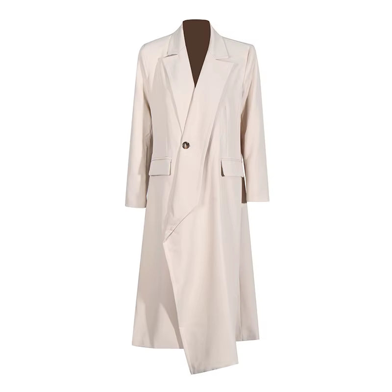 OUDINA Fashion Temperament Asymmetric One-Button Solid Splicing Elegant Ladies Coat Casual Trench Coat Simple Women Long Coat